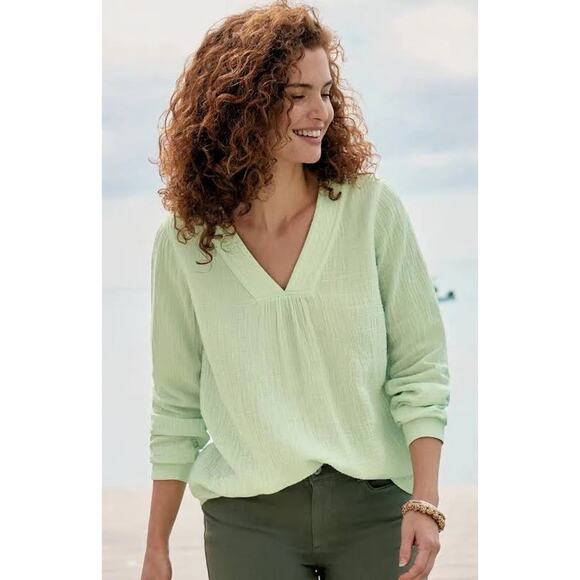 J Jill Cotton-Gauze V-Neck Top In Celery Size L NWT - Picture 1 of 7